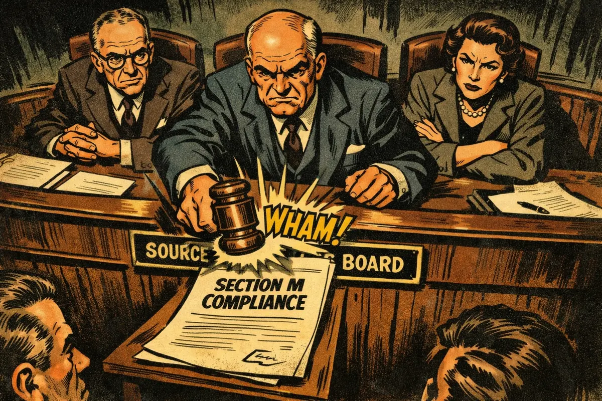 1950s comic of a Source Selection Board enforcing Section M compliance during a high-value procurement.