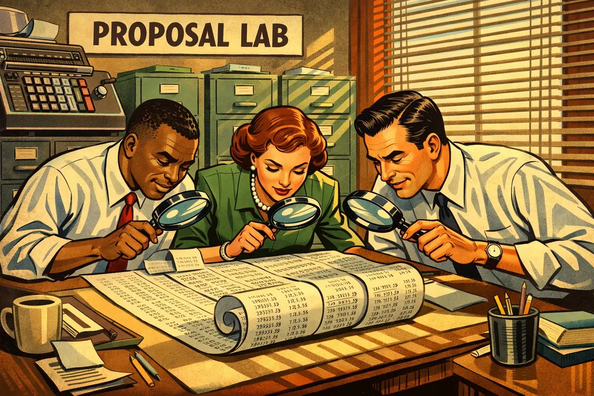 1950s comic of a team using magnifying glasses to find hard evidence for a federal proposal review.
