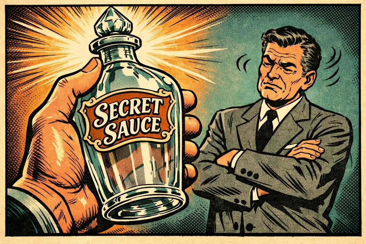 Retro comic of an evaluator seeing through empty marketing fluff to find the lack of audit-ready logic.