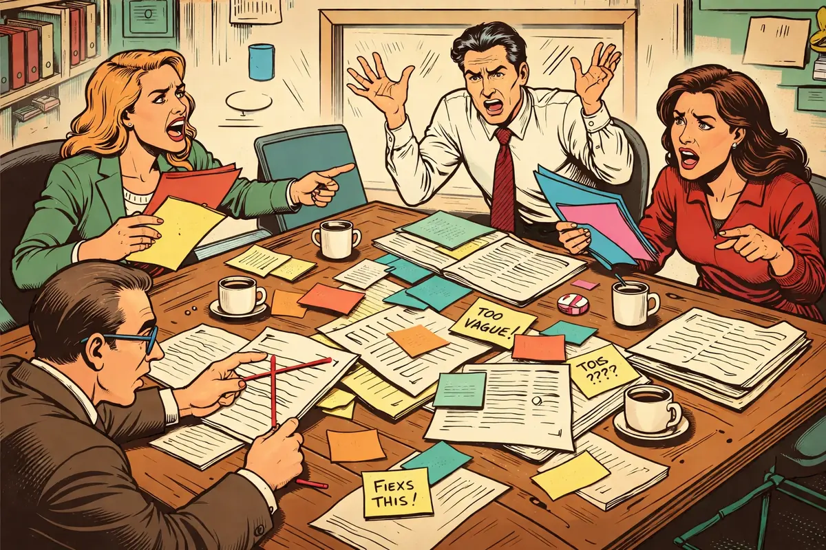 Retro comic graphic of a chaotic Red Team meeting, showing disagreement and misaligned proposal feedback