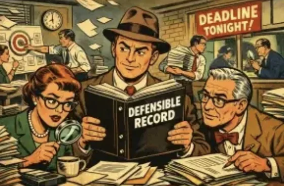 A 1950s comic-style newsroom scene: three proposal reviewers crowd around a binder marked "Defensible Record", one with a magnifying glass, under a "Deadline Tonight!" sign