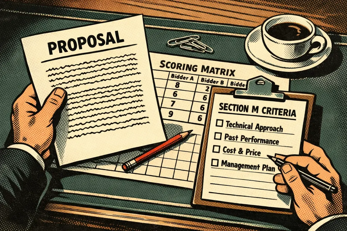 Evaluator reviewing federal proposal against Section M criteria checklist