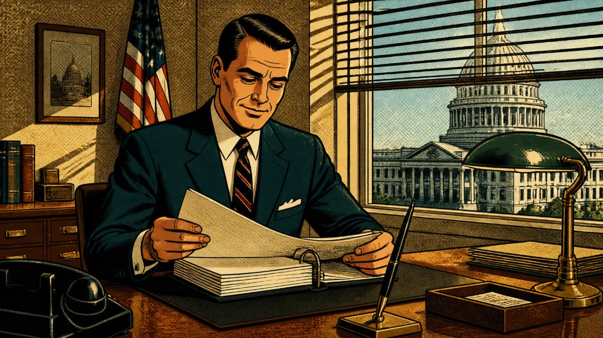 A 1950s comic-style illustration of a government evaluator at his desk, reading a bound proposal with the Capitol dome visible through the window blinds